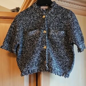 J. Crew Black and White Tweed Short-Sleeve Cardigan